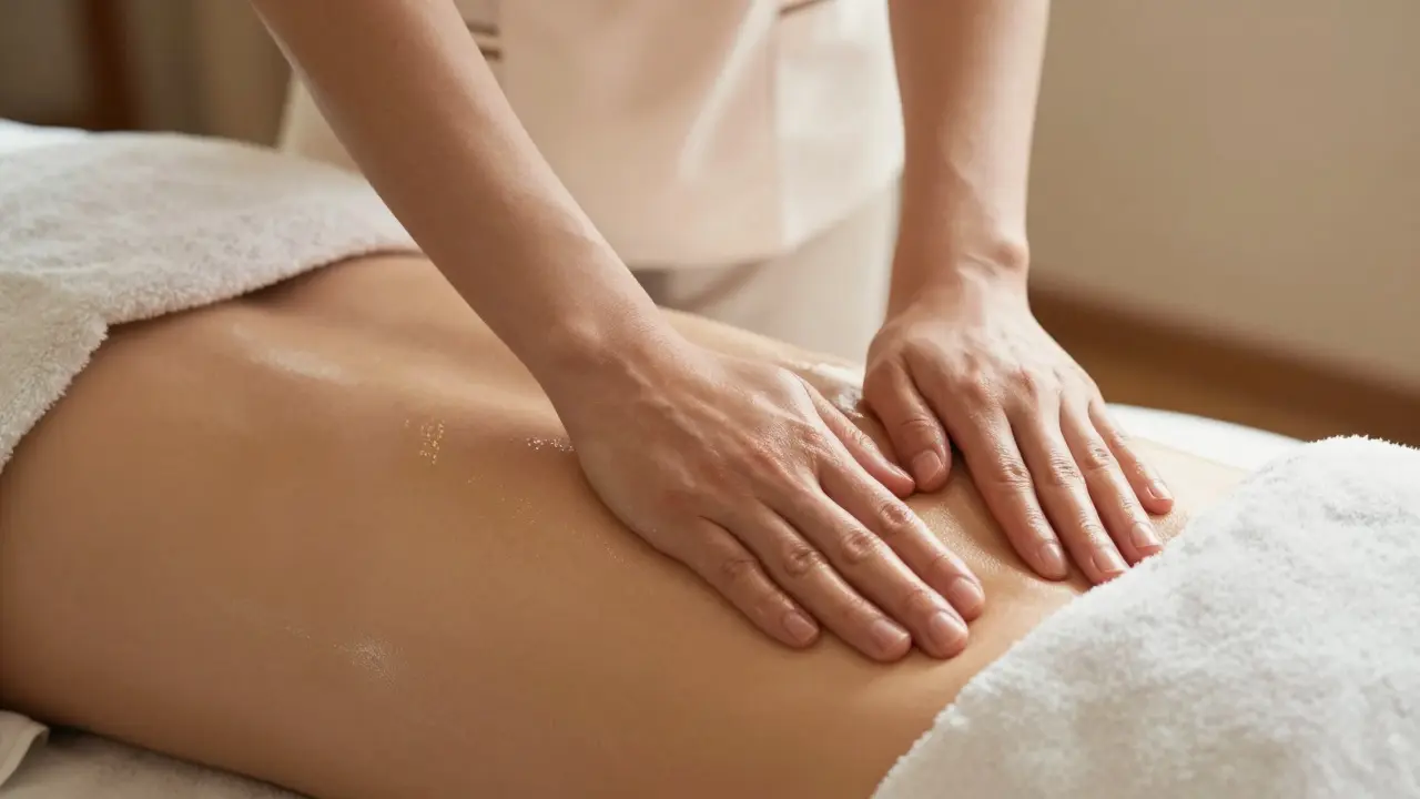A therapist's forearms applying smooth, oily strokes over a draped client's back, focusing on technique and flow.