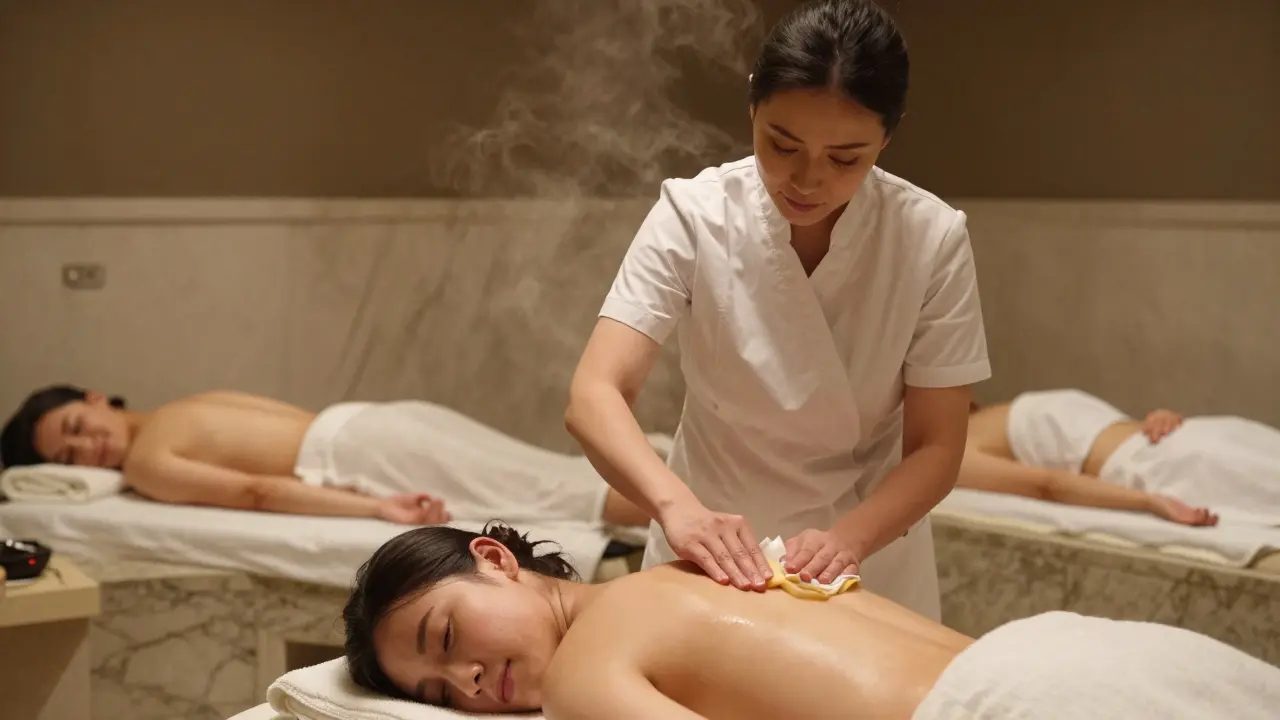 A therapist scrubbing a client's back with a kese glove in a private, serene hammam suite.