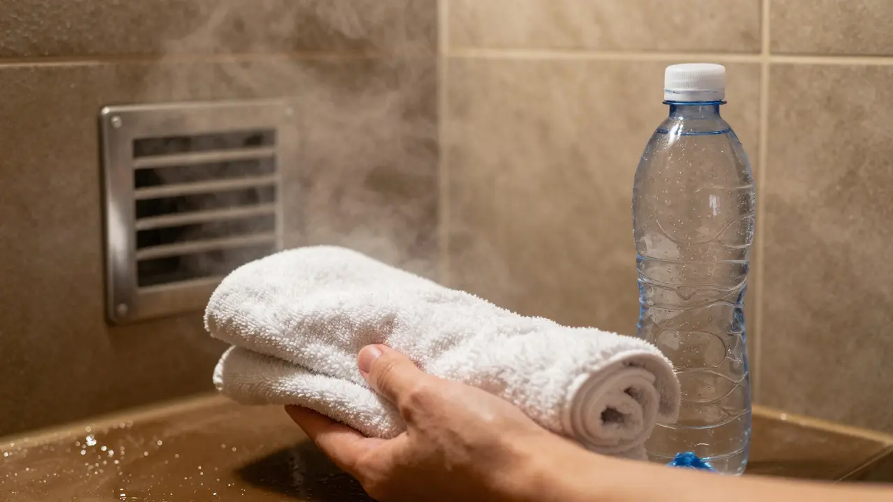 A towel and water bottle placed beside a steam room entrance with steam drifting in the air.