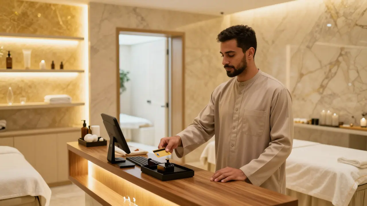 A traveler paying for a spa treatment in Dubai using a contactless card.