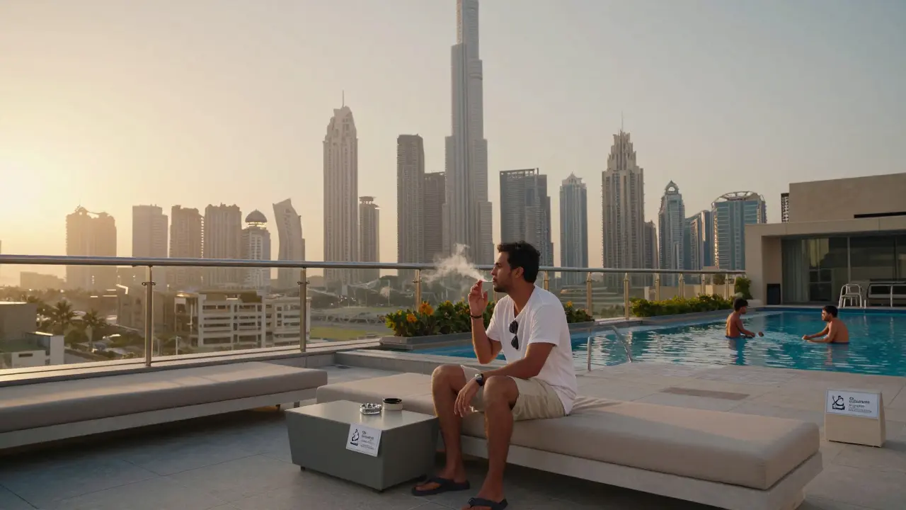 A traveler smoking on a rooftop DSA in Dubai with the city skyline at sunset.