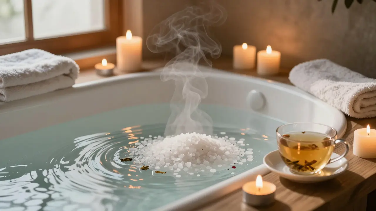 A warm bath with Epsom salts, candles, and a cup of tea, radiating calm and tranquility.