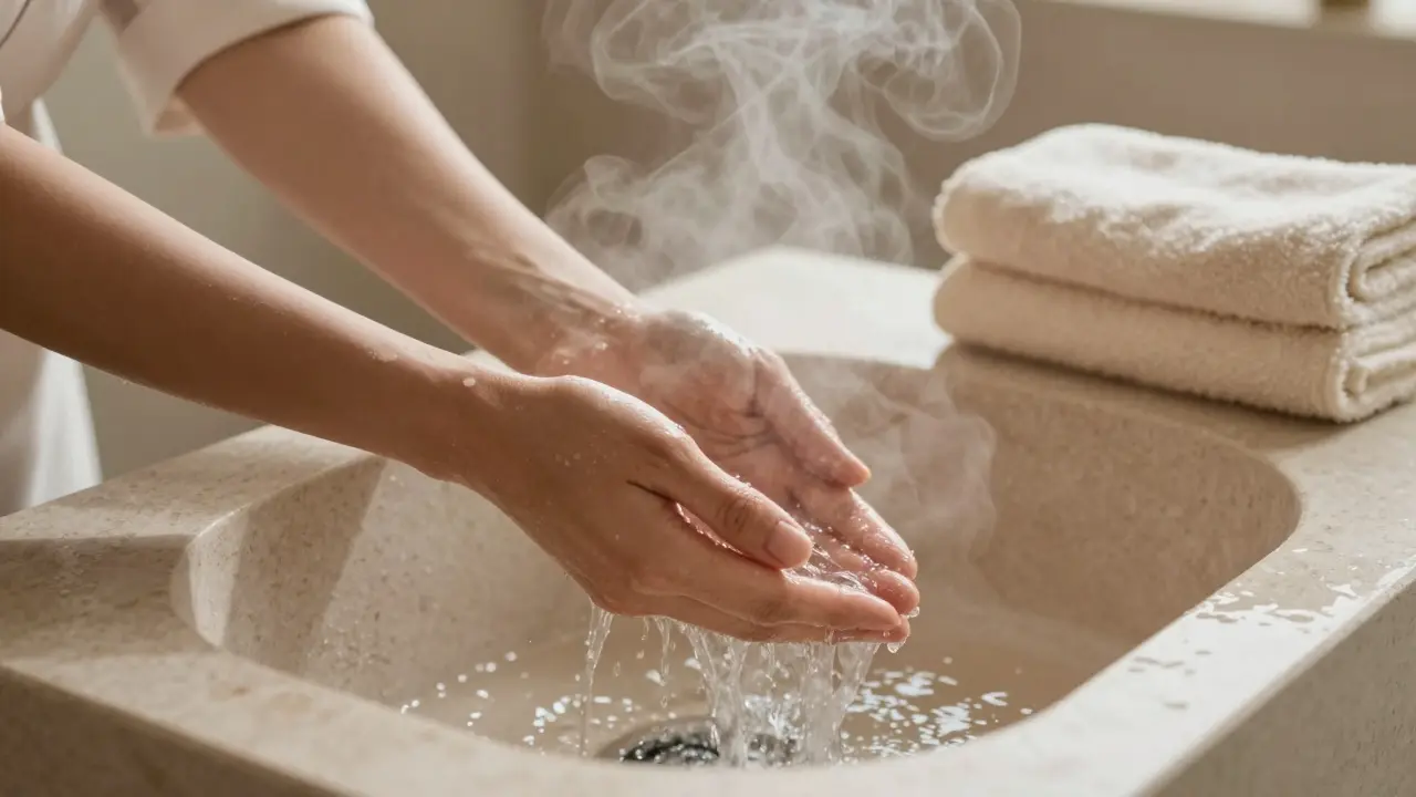 A warm rinse station with soft towels and no soap, steam rising gently.