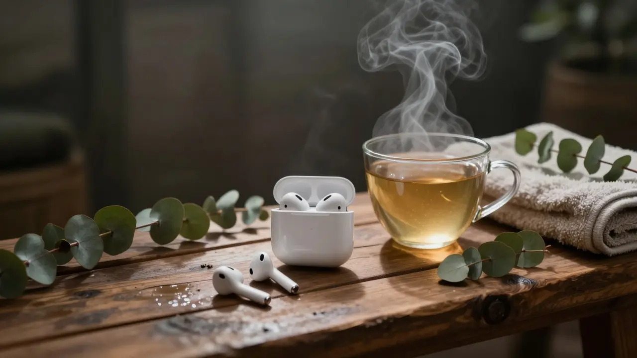 AirPods left on a wooden bench in a steam room beside a towel and herbal tea, with steam rising gently.