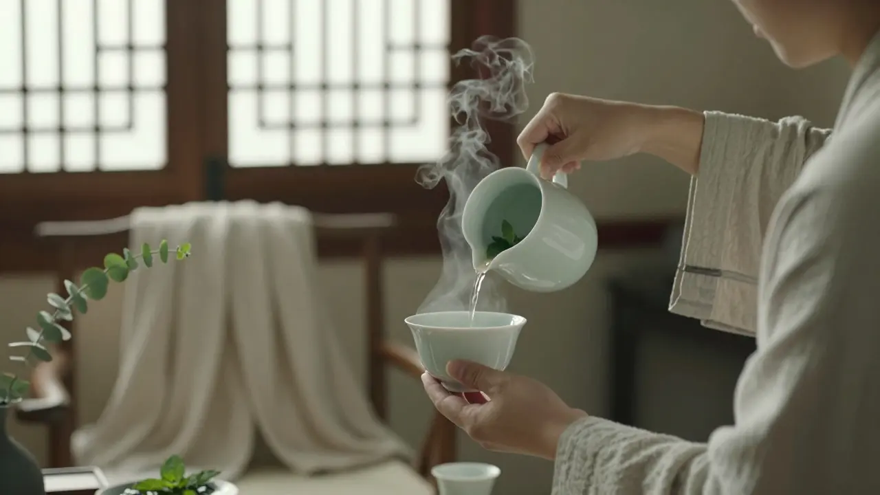 An attendant pouring mint tea into a ceramic cup in a peaceful relaxation area.