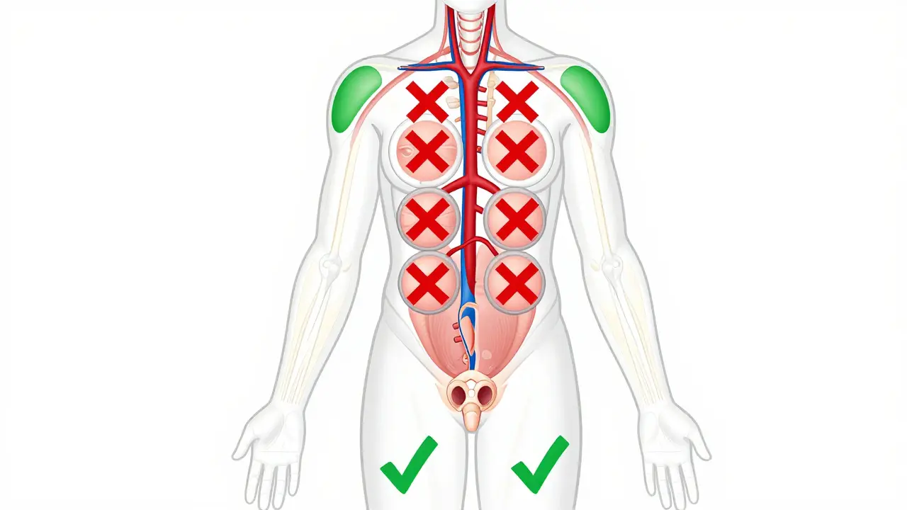Anatomical diagram showing safe and unsafe areas for cupping therapy on the human body.