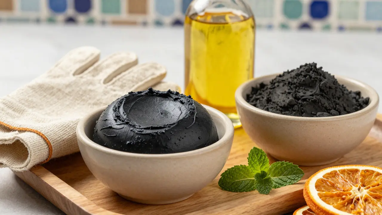 Authentic Moroccan bath ingredients: black soap, kessa glove, argan oil, and rhassoul clay on a wooden tray.