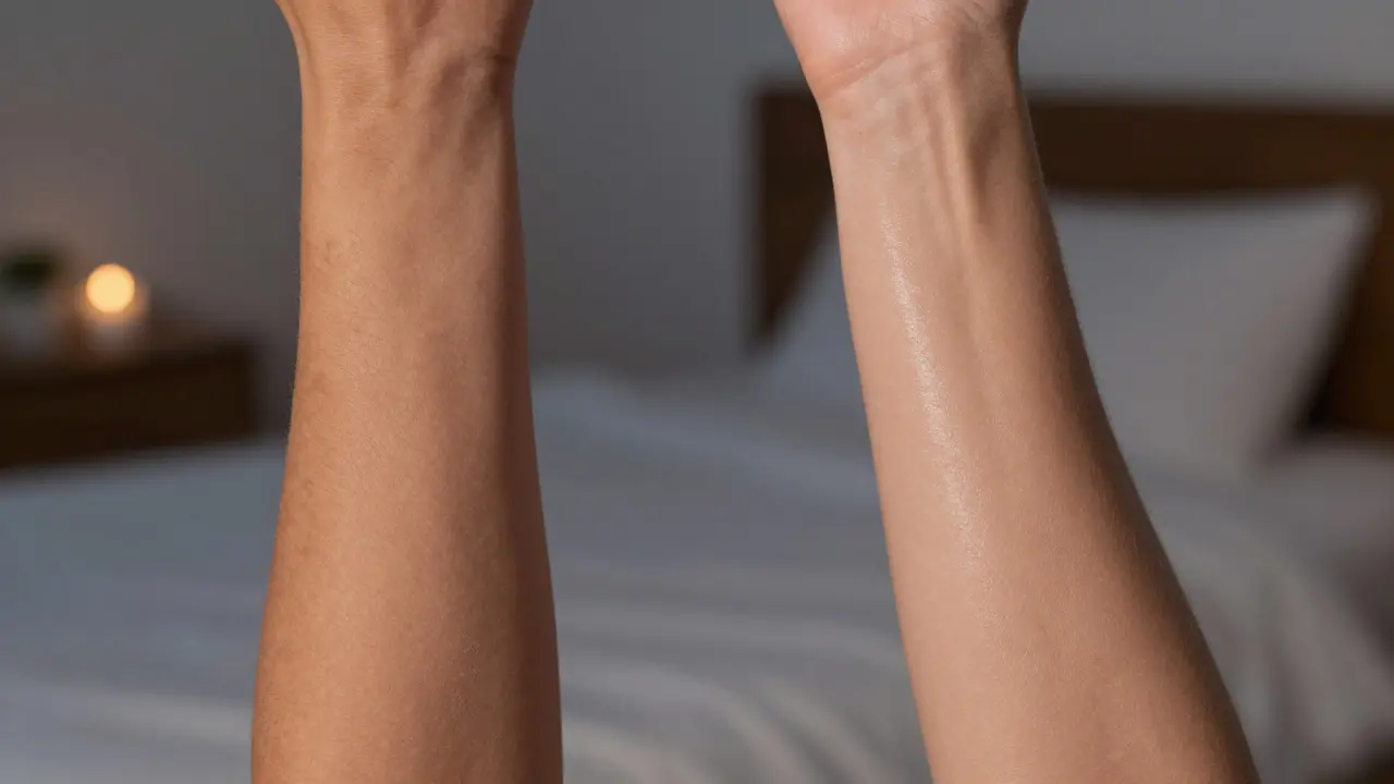Before-and-after comparison of skin texture on an arm showing dull versus glowing skin