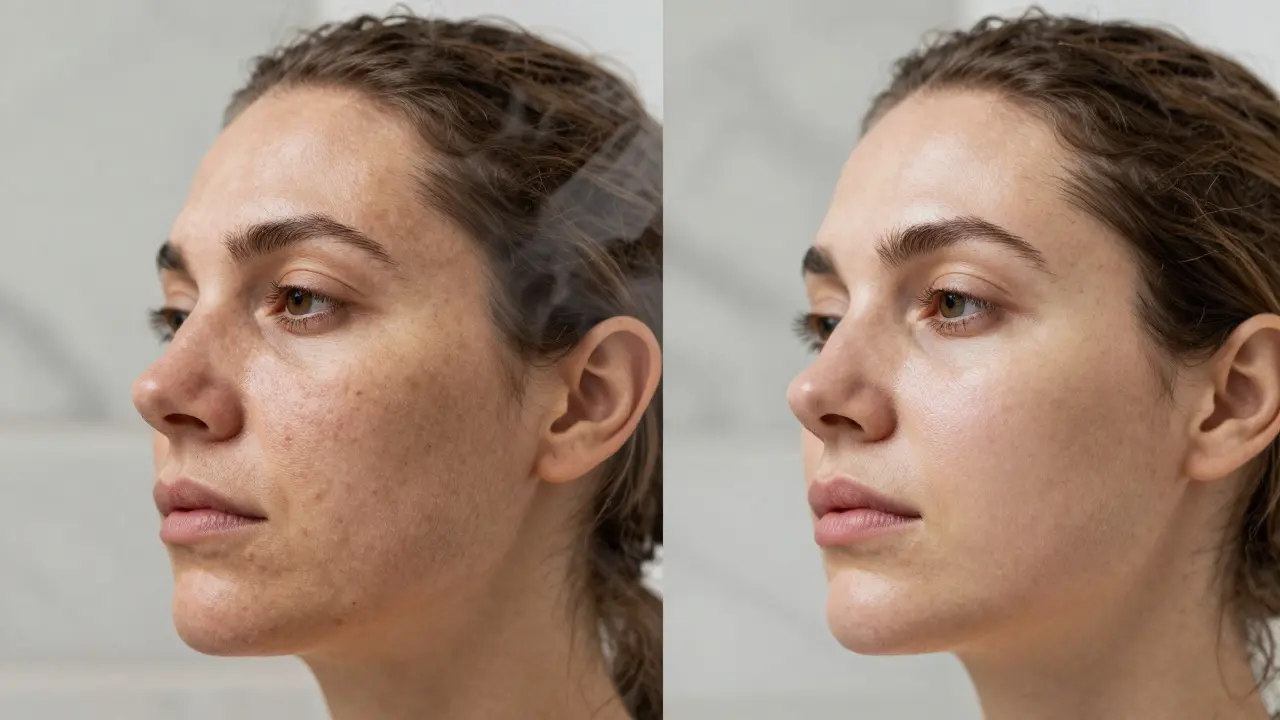 Before-and-after skin texture comparison showing rough skin transforming into smooth, glowing skin