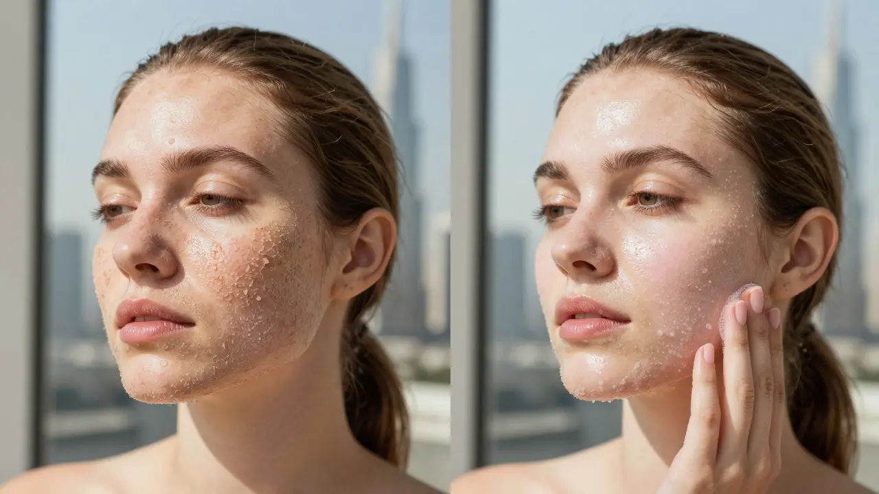 Before and after skin texture comparison showing smoothness after scrubbing