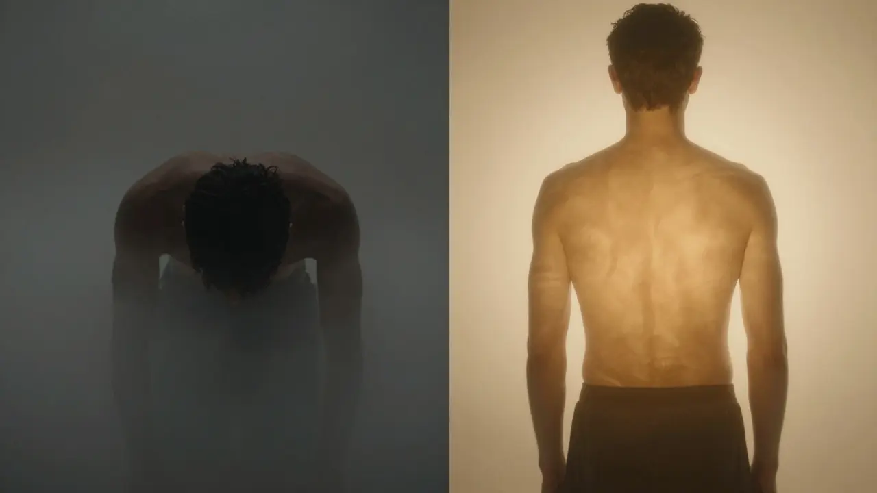 Before and after: tense shoulders vs. relaxed posture with subtle cupping marks