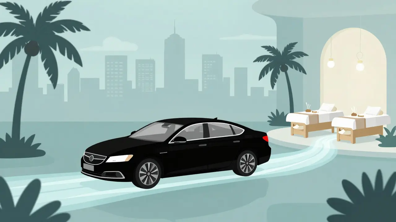 Car merging into spa with water features and palm trees