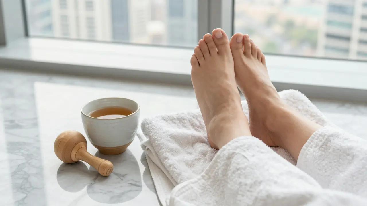 Clean feet wrapped in warm towels beside herbal tea and a massage ball after a session.
