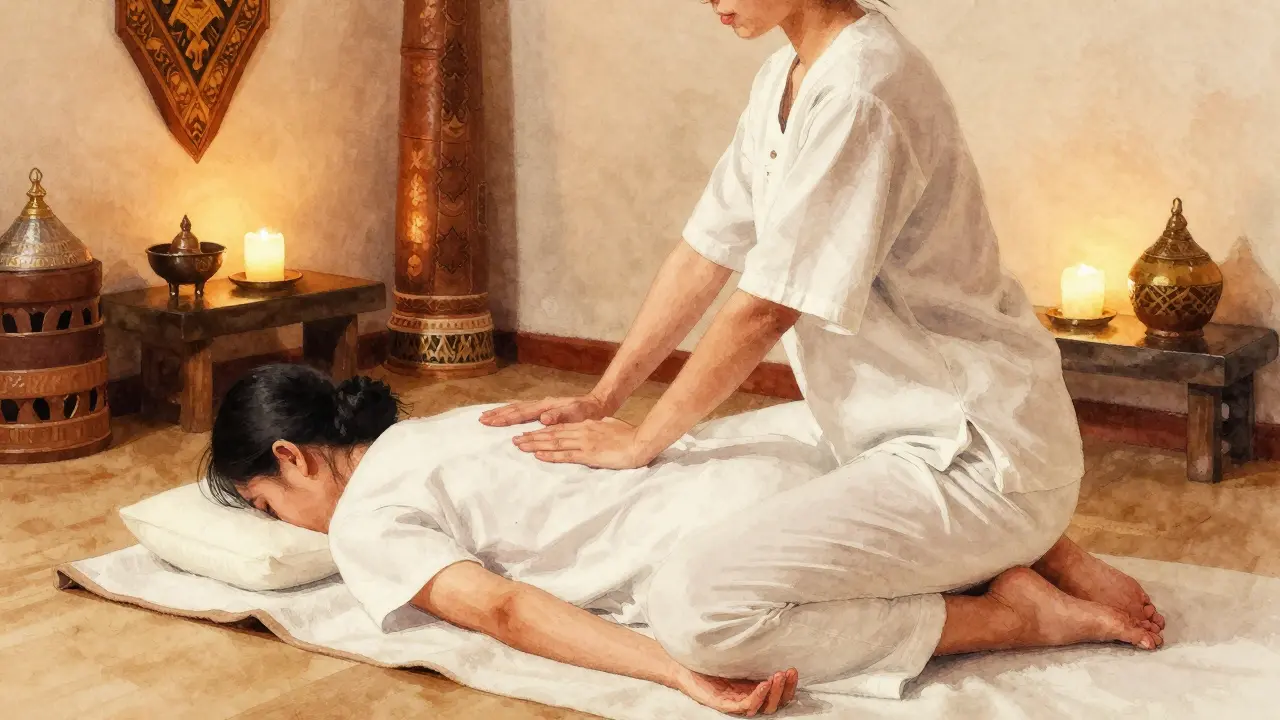 Client in loose clothing for Thai massage in serene spa room.