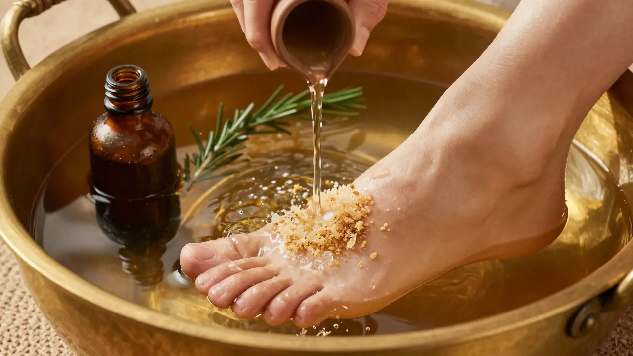 Close-up of a foot soaking in warm herbal water with natural scrub and oil bottle beside a brass basin.