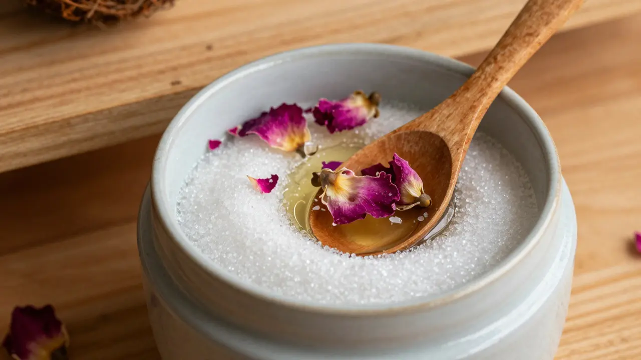Close-up of handmade sugar scrub with coconut oil and rose petals in a ceramic jar.
