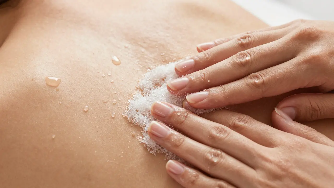 Close-up of hands gently exfoliating skin with natural sugar scrub in circular motions