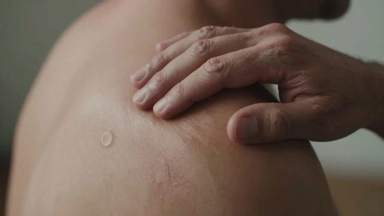 Close-up of hands pressing deeply into a tense shoulder muscle with visible skin flush.