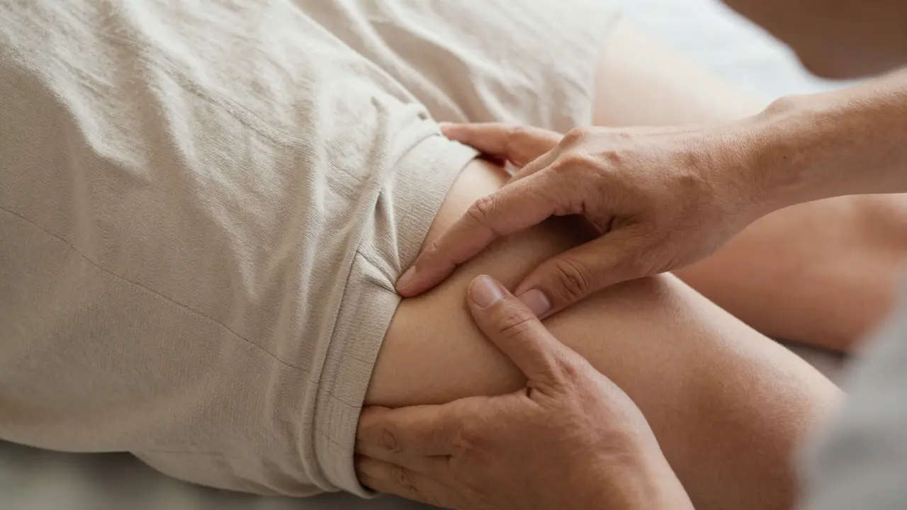 Close-up of hands pressing through fabric during Thai massage, showing clothing remains on and no skin contact.