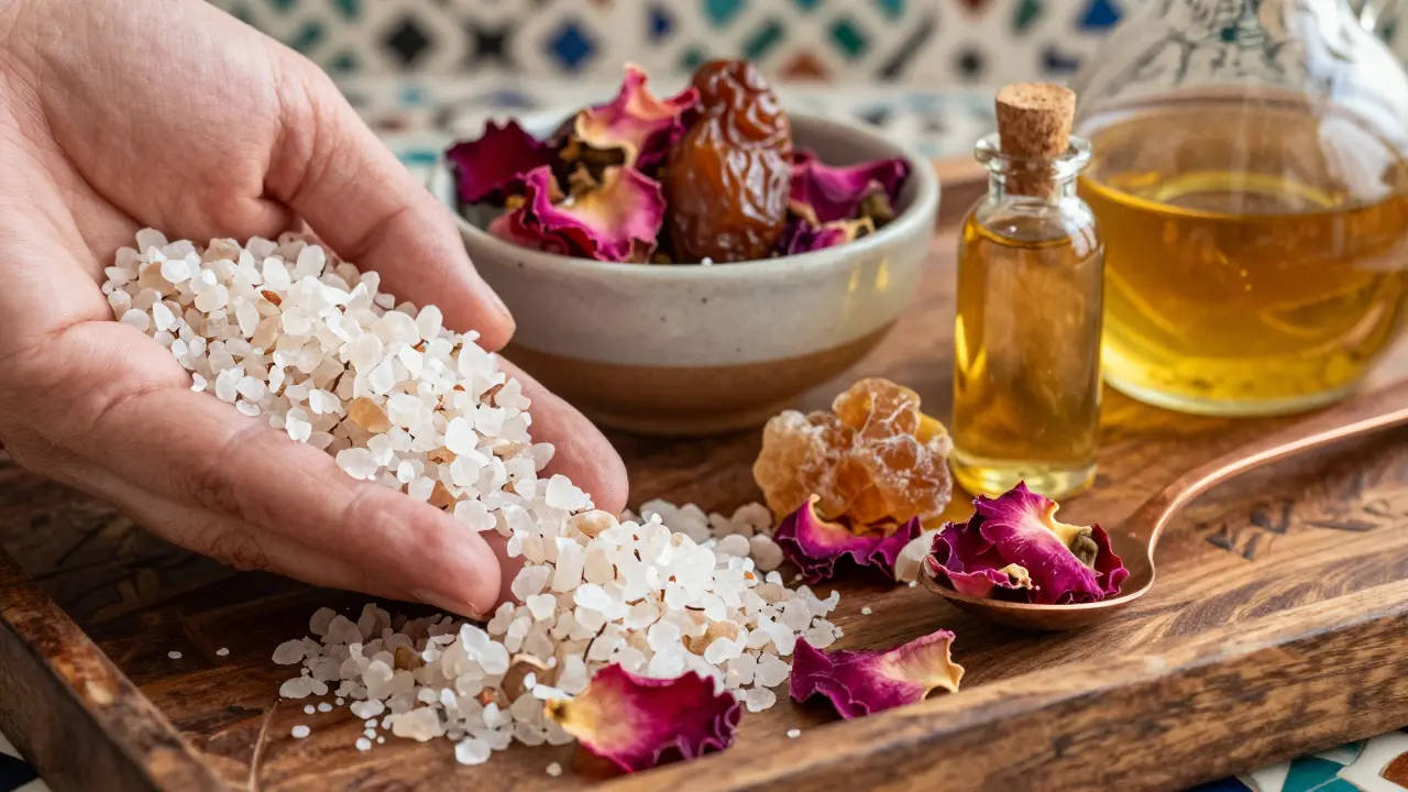 Close-up of herbal oils, salt scrubs, and botanicals used in traditional Dubai spa treatments.