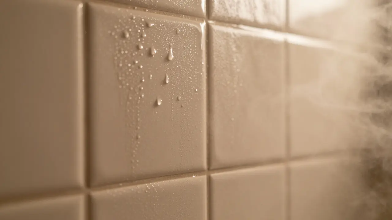 Close-up of water droplets forming and sliding down a wet steam room tile wall.