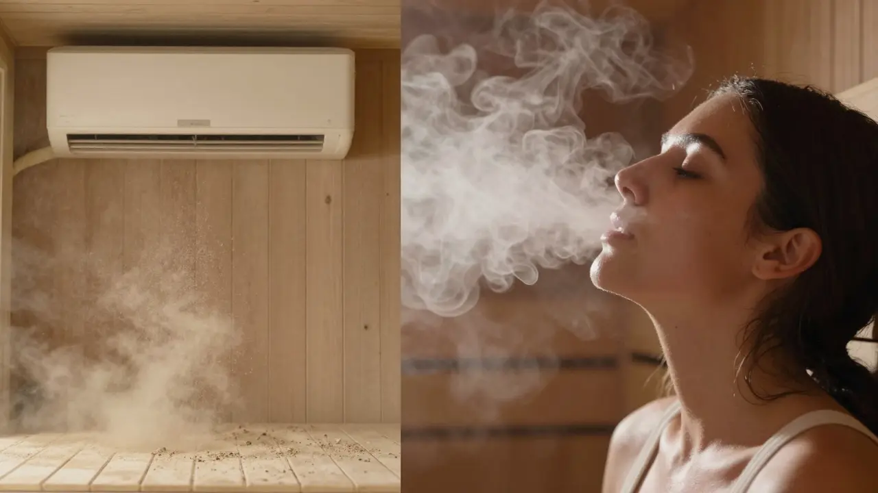 Comparison of dry dusty air versus moist steam-filled air around a person's face.