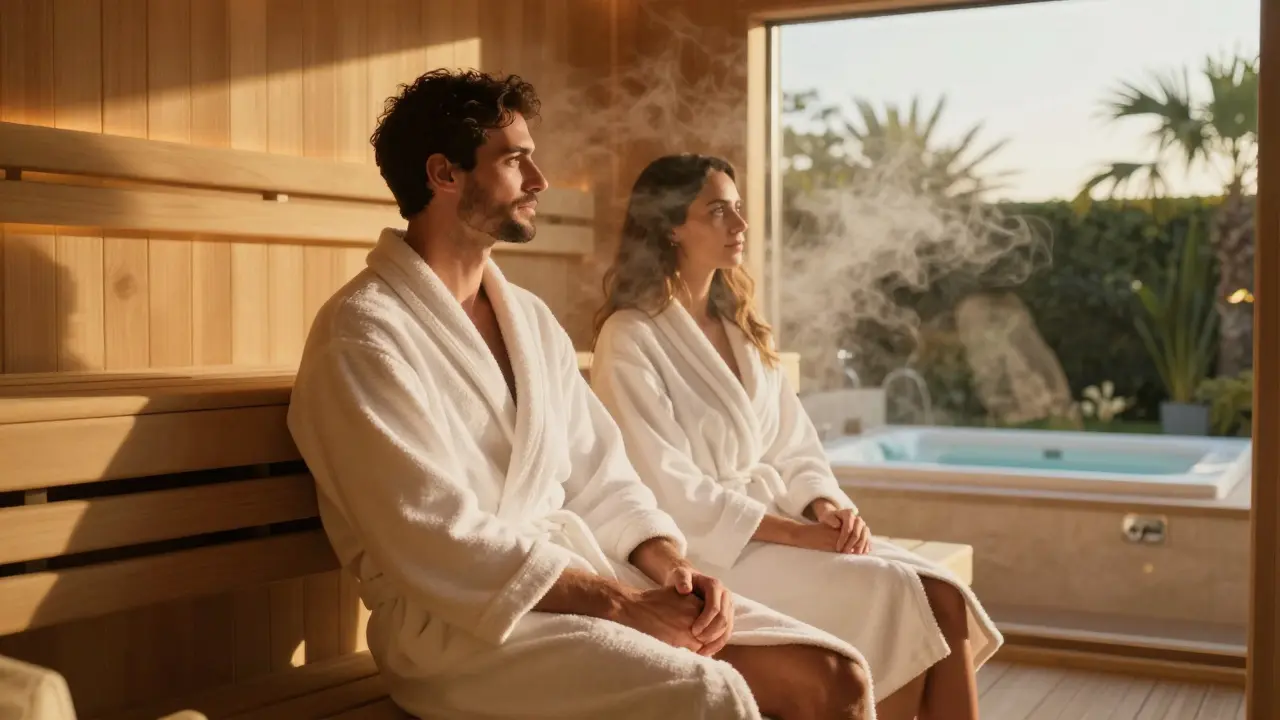 Couple relaxing in private sauna suite with steam and warm lighting.