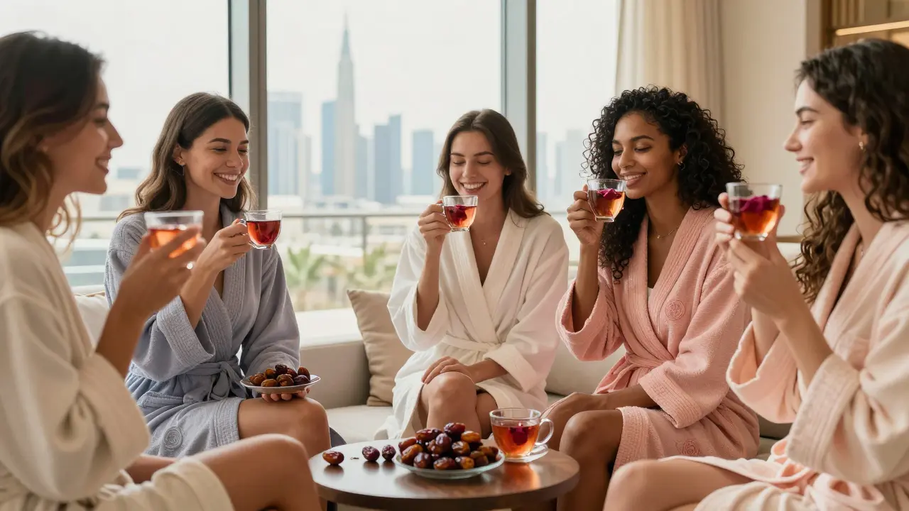 Diverse women laughing in a spa lounge, wearing robes and sipping tea, Dubai skyline visible.