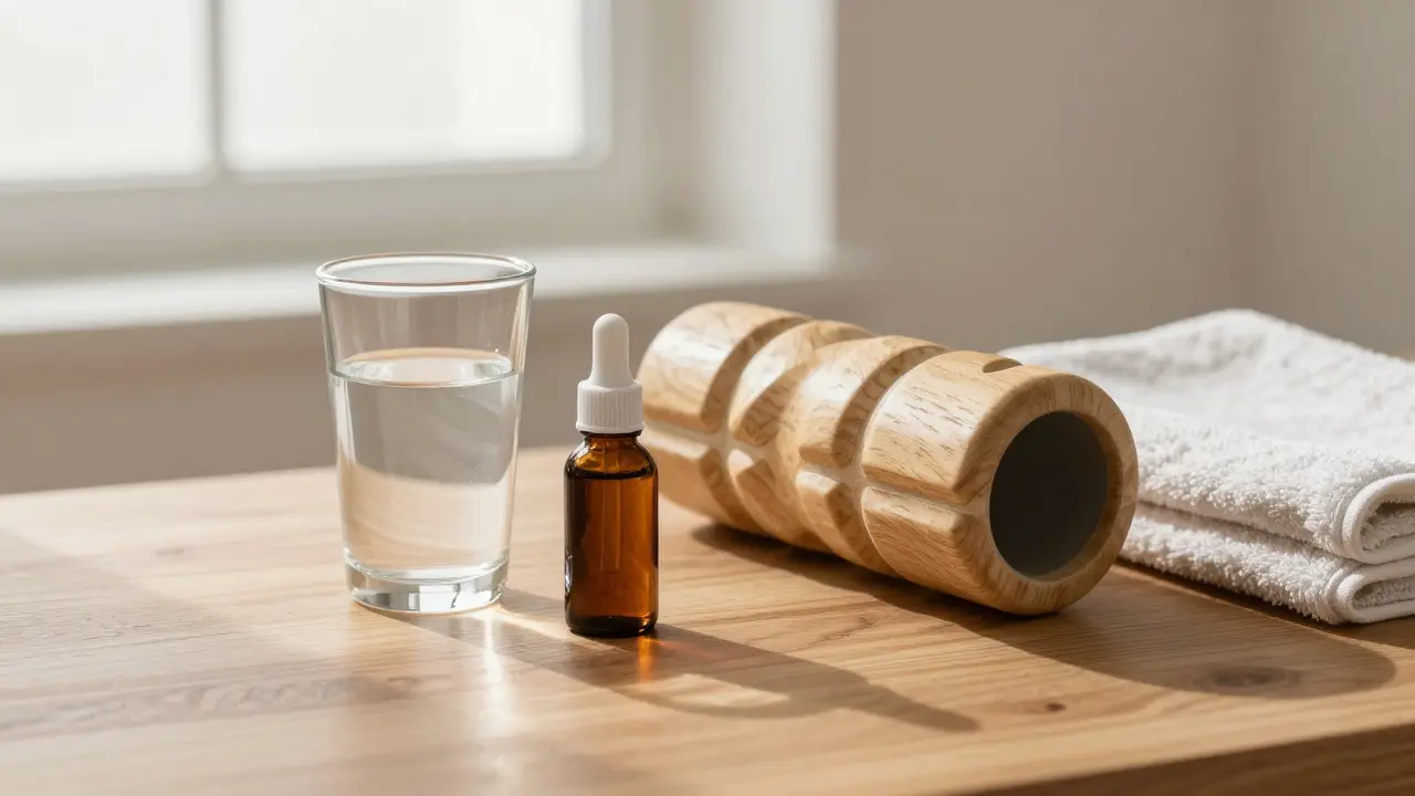 Glass of water, massage oil bottle, and foam roller on wooden surface, symbolizing post-massage self-care