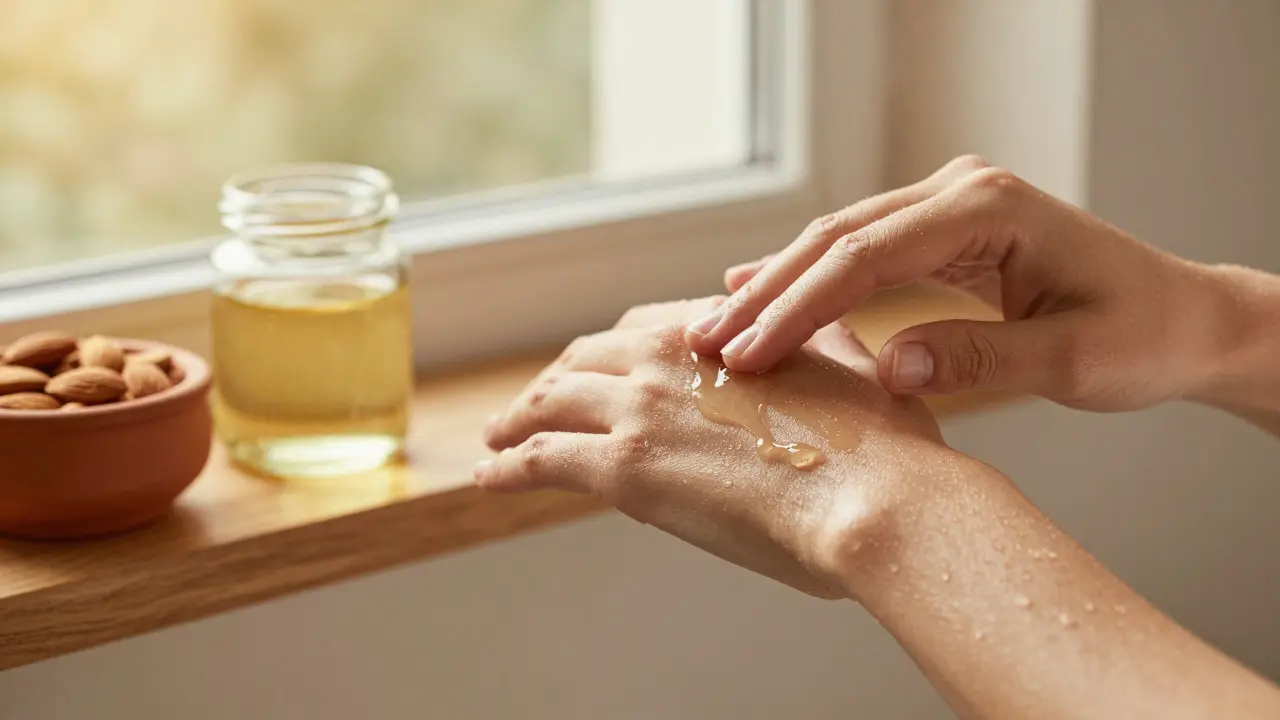 Hands applying body oil to damp skin with a jar of oil and scrubber on a wooden shelf nearby