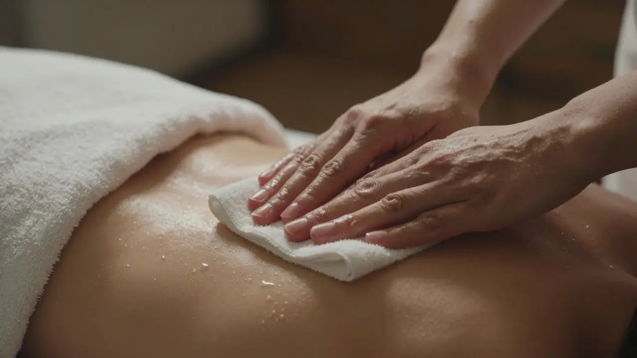 Hands gently patting skin dry with a cotton towel after a massage.