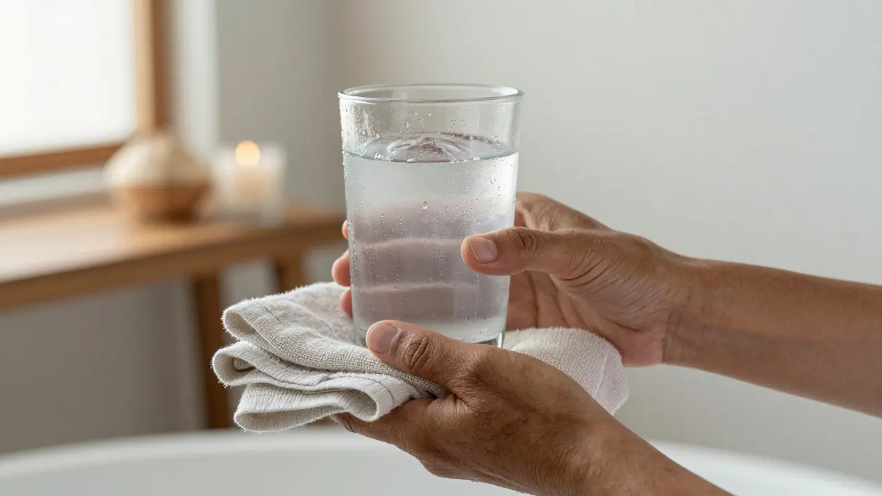 Hands holding a glass of coconut water and a damp towel after a sauna session.