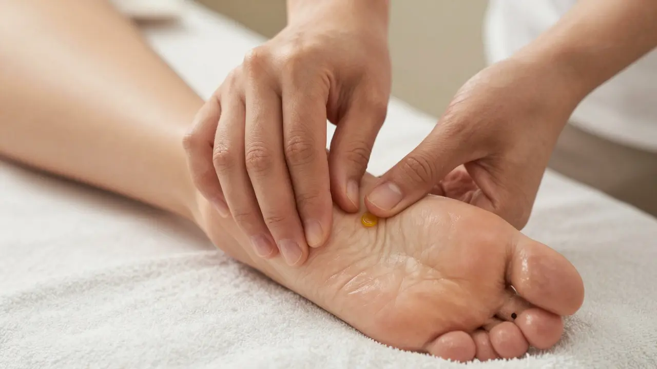 Hands massaging a foot with natural oil, focusing on reflexology points under soft lighting.