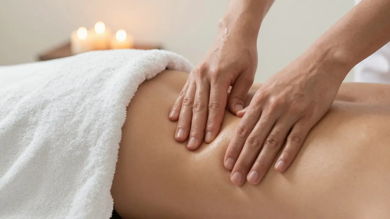 Hands massaging outer hip and lower back, towel securely covering groin area during professional therapy.