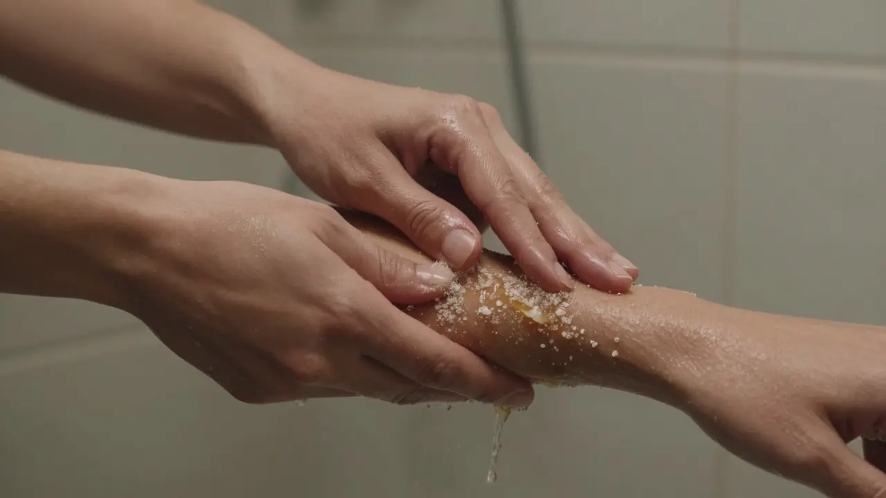 Hands massaging sugar scrub onto forearm as granules dissolve into skin
