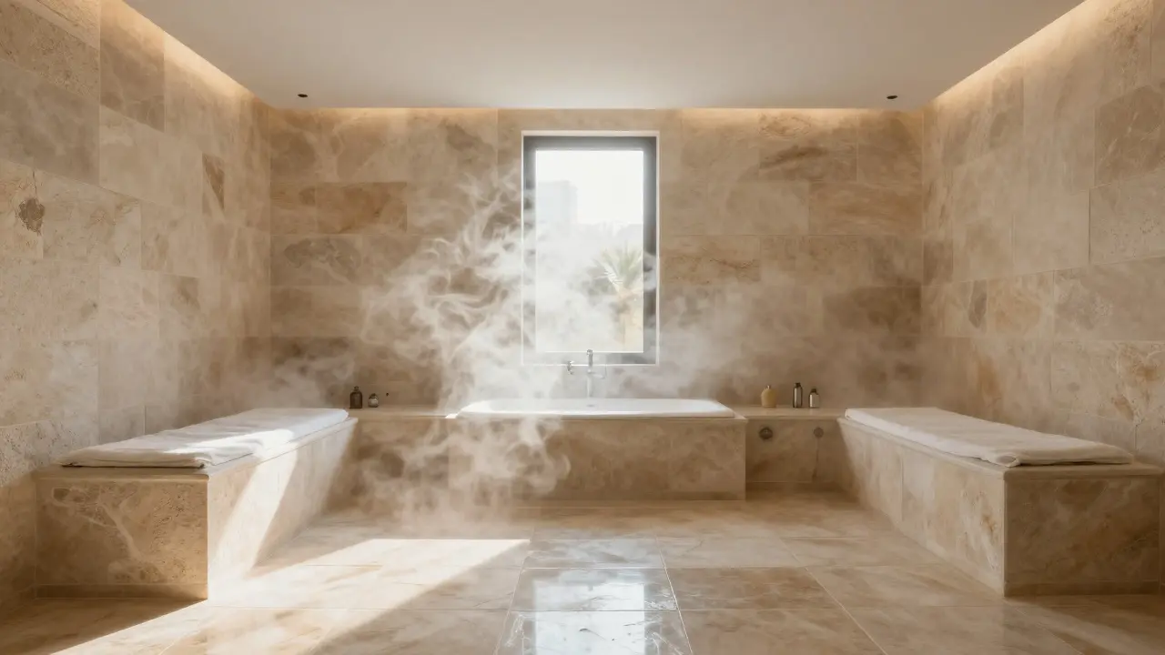 Luxury Dubai spa steam room with clean stone walls and gentle steam.