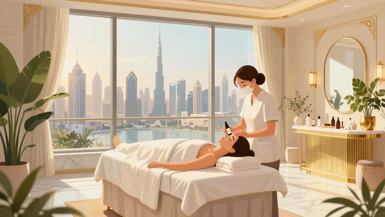 Luxury spa therapist applying facial with skyline view in Dubai.