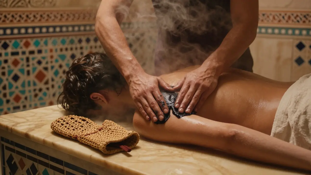 Person relaxing in a steamy hammam, massaging black soap on skin with kessa glove nearby