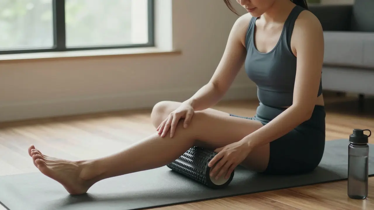 Person using a foam roller on their thigh at home in natural daylight.