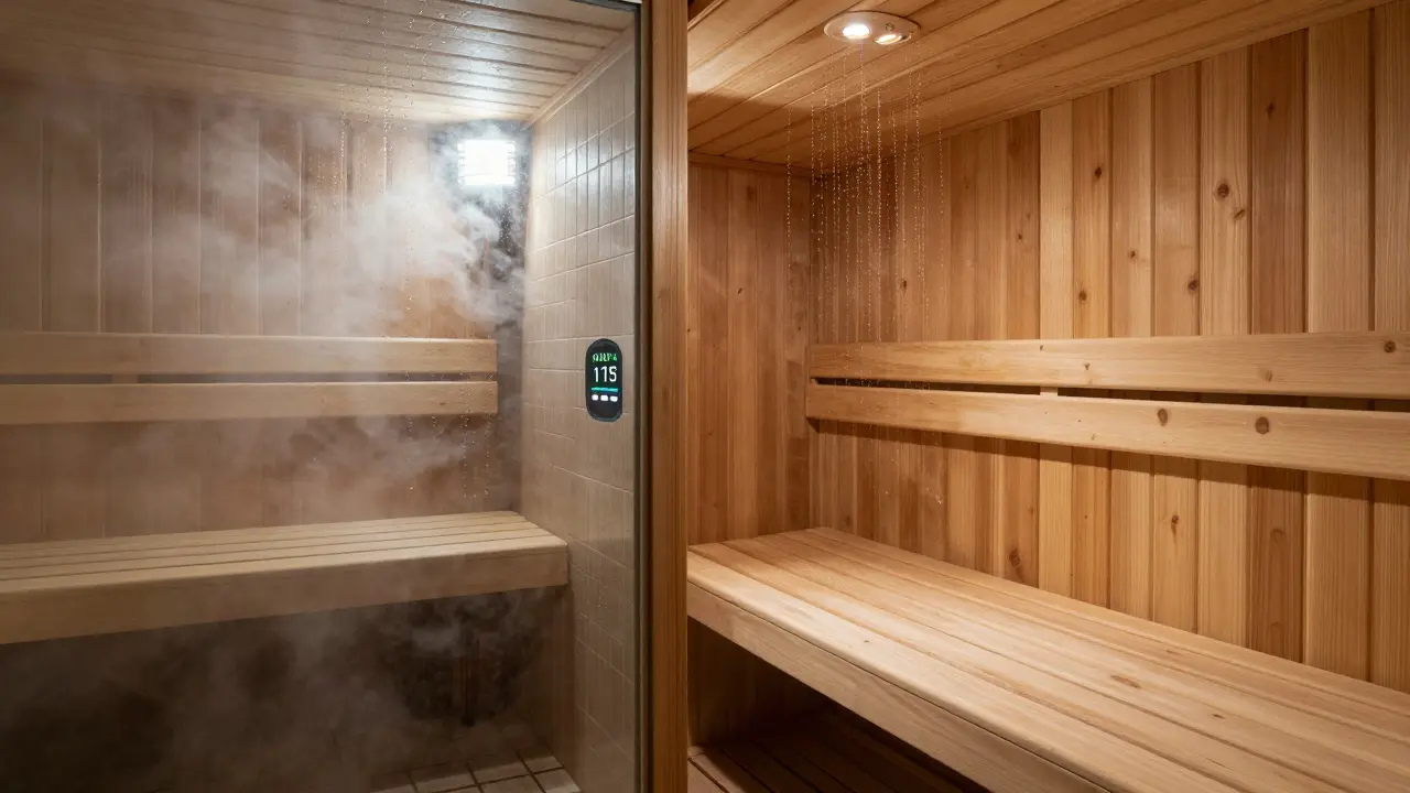 Side-by-side comparison of a humid steam room and a dry sauna environment.