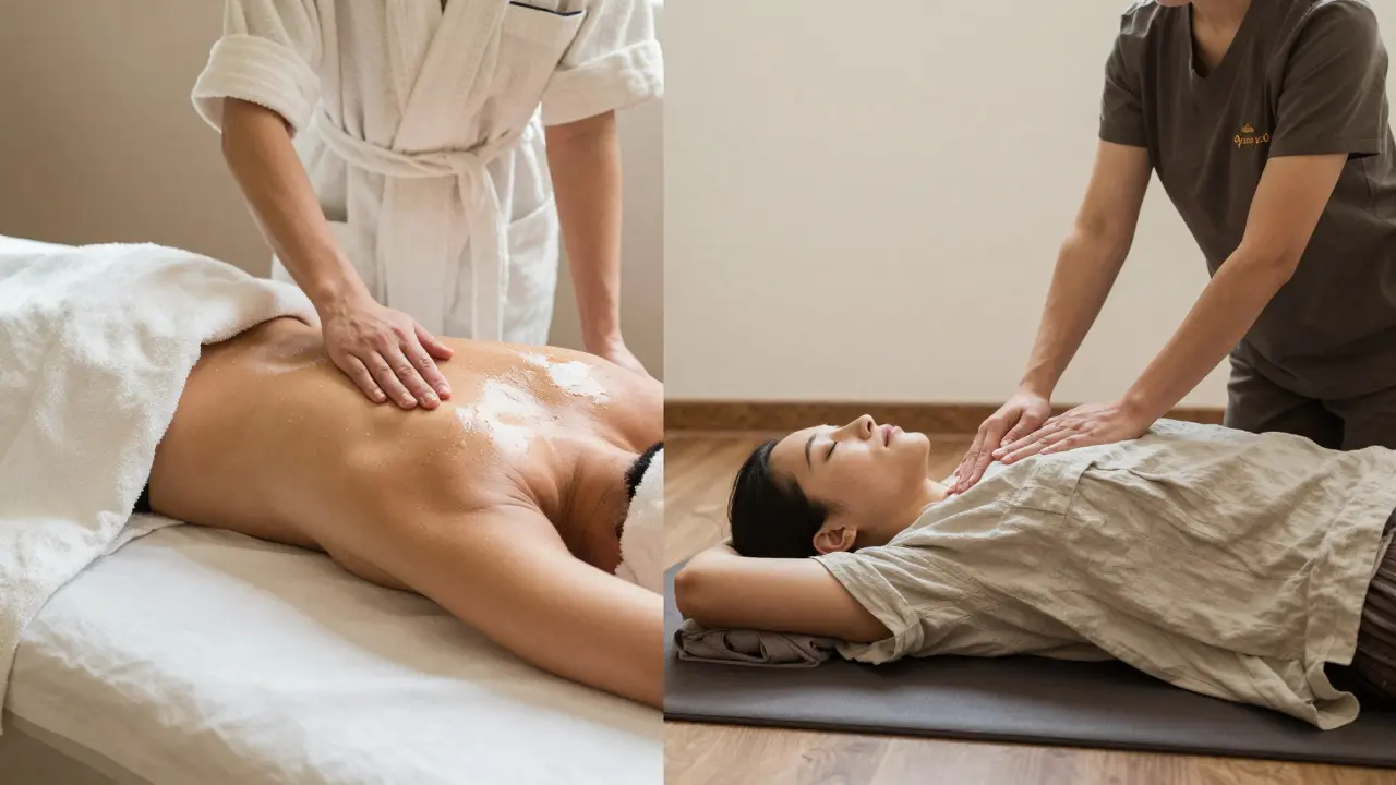 Side-by-side comparison of Swedish massage with oils and draping versus Thai massage with clothing and floor mat.