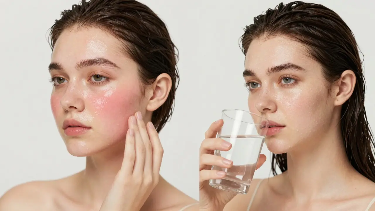 Side-by-side: one person with sticky, flushed skin and another with glowing, clean skin after showering.