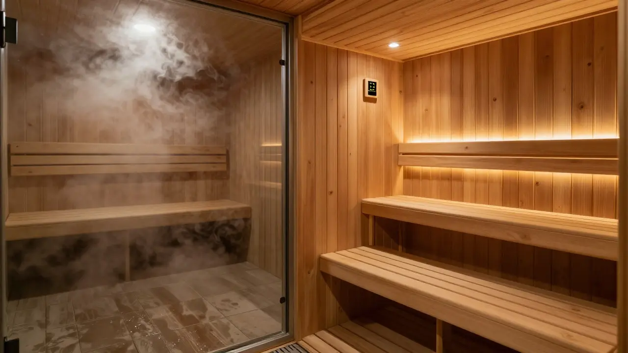 Side-by-side view of a steam room and a dry sauna showing differences in humidity and heat.
