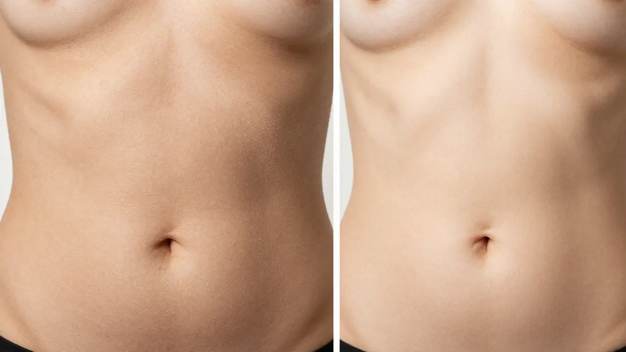 Side-by-side view of dull skin versus glowing skin after exfoliation, showing texture contrast