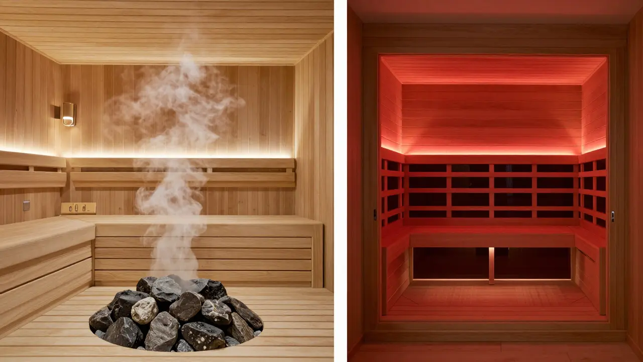 Side-by-side view of traditional and infrared sauna interiors in a luxury Dubai spa.