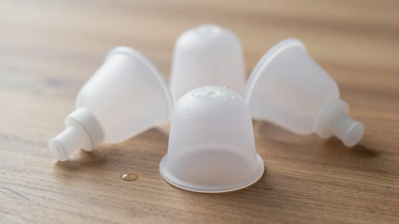 Silicone cupping cups and hand pump on a wooden surface, with glistening oil droplets and natural lighting.