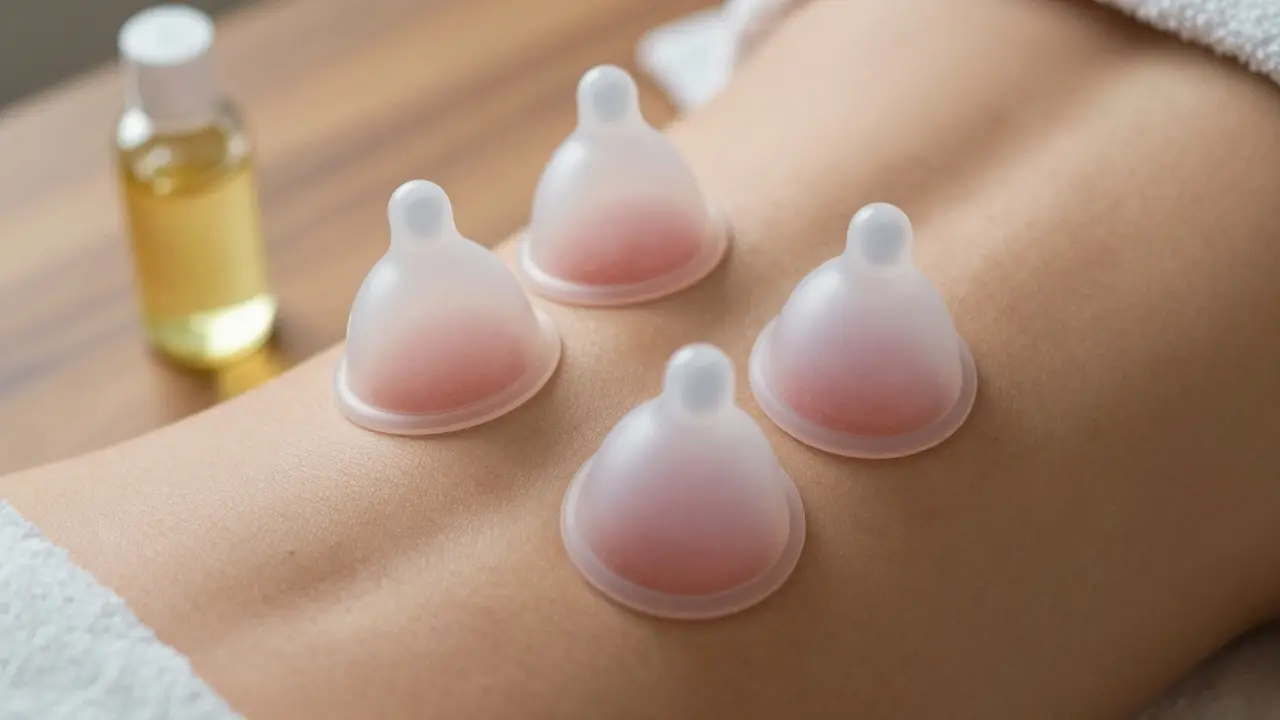 Silicone cupping cups on skin with faint circular marks and massage oil nearby