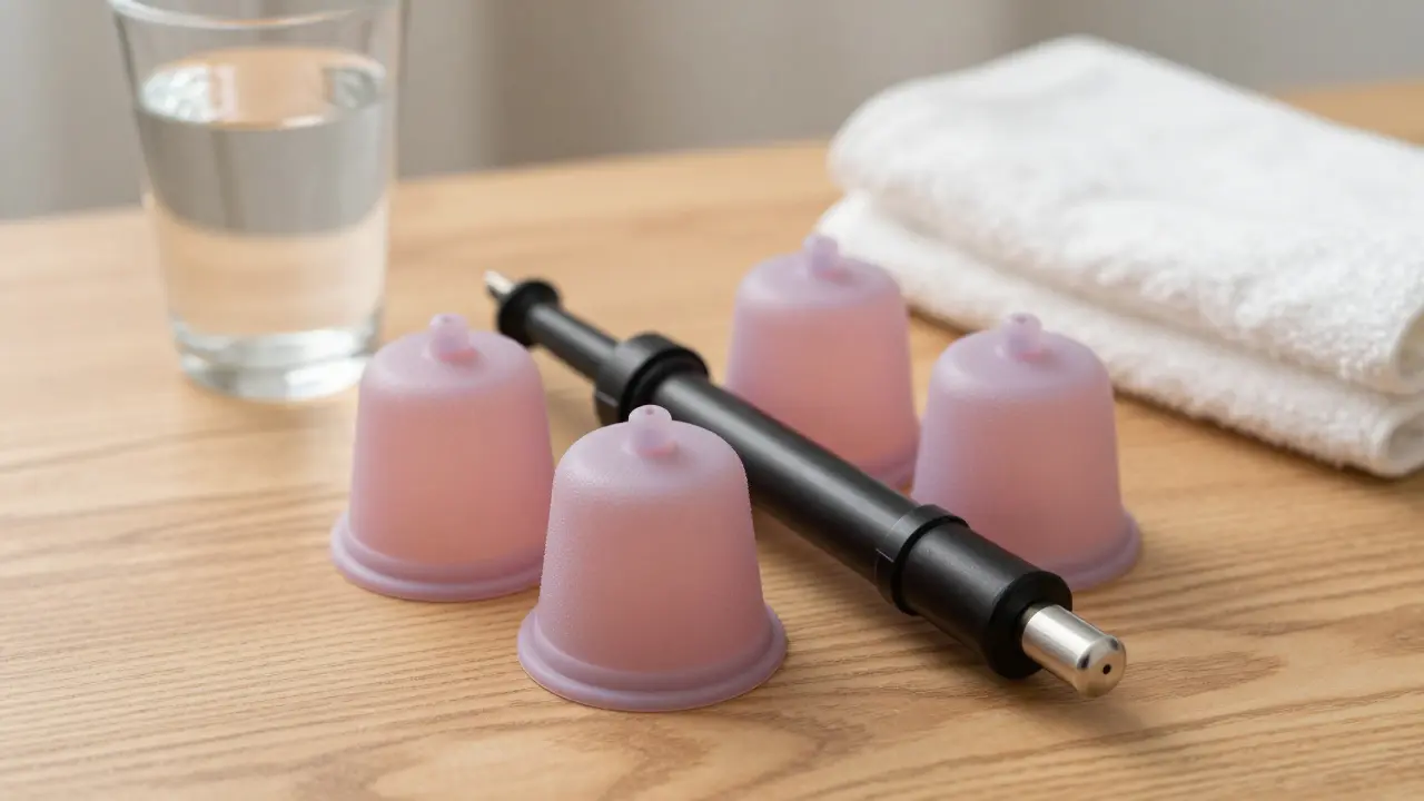 Silicone cupping set with hand pump on a clean table beside water and towel, emphasizing hygiene.