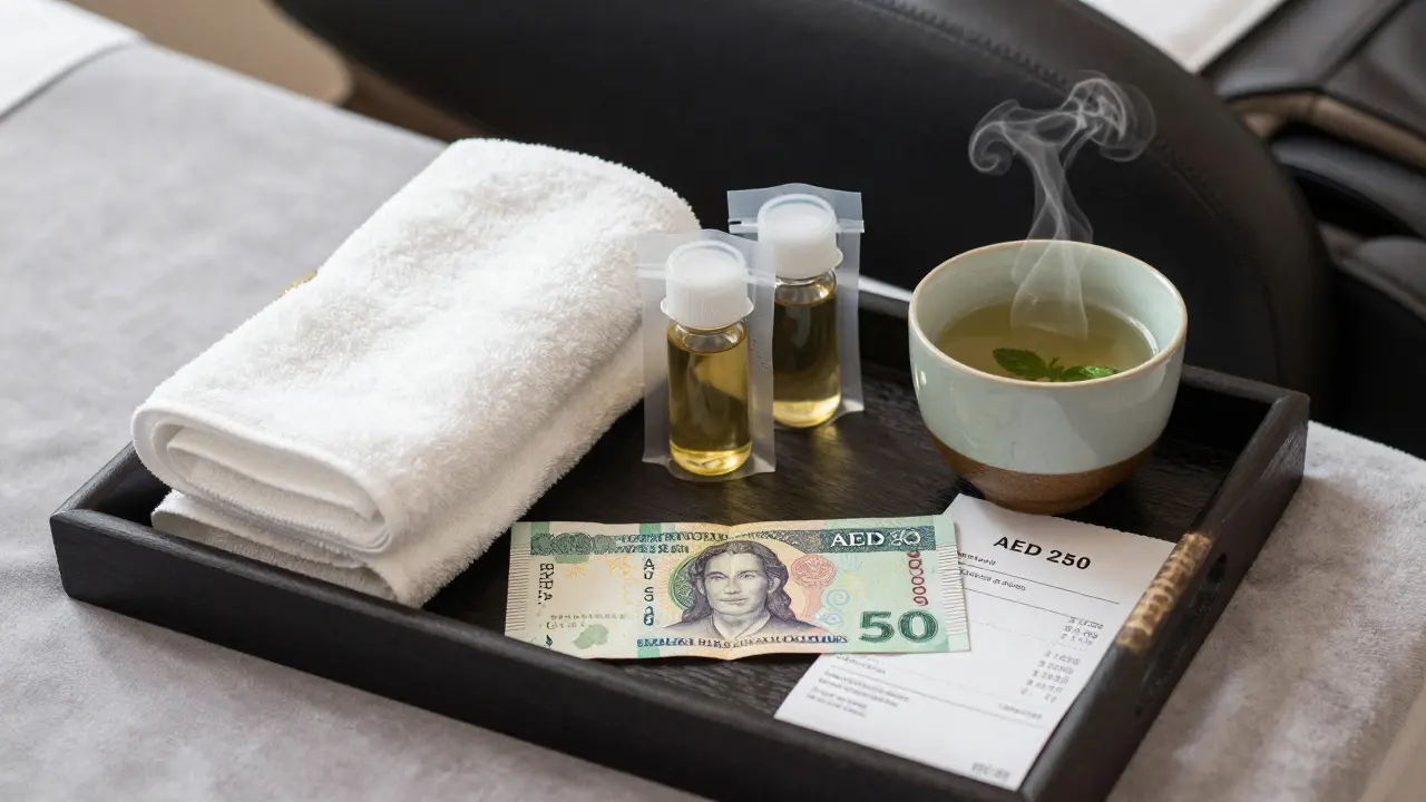Spa tray with towels, herbal oils, tea, and a AED 50 note beside a receipt for a foot massage.