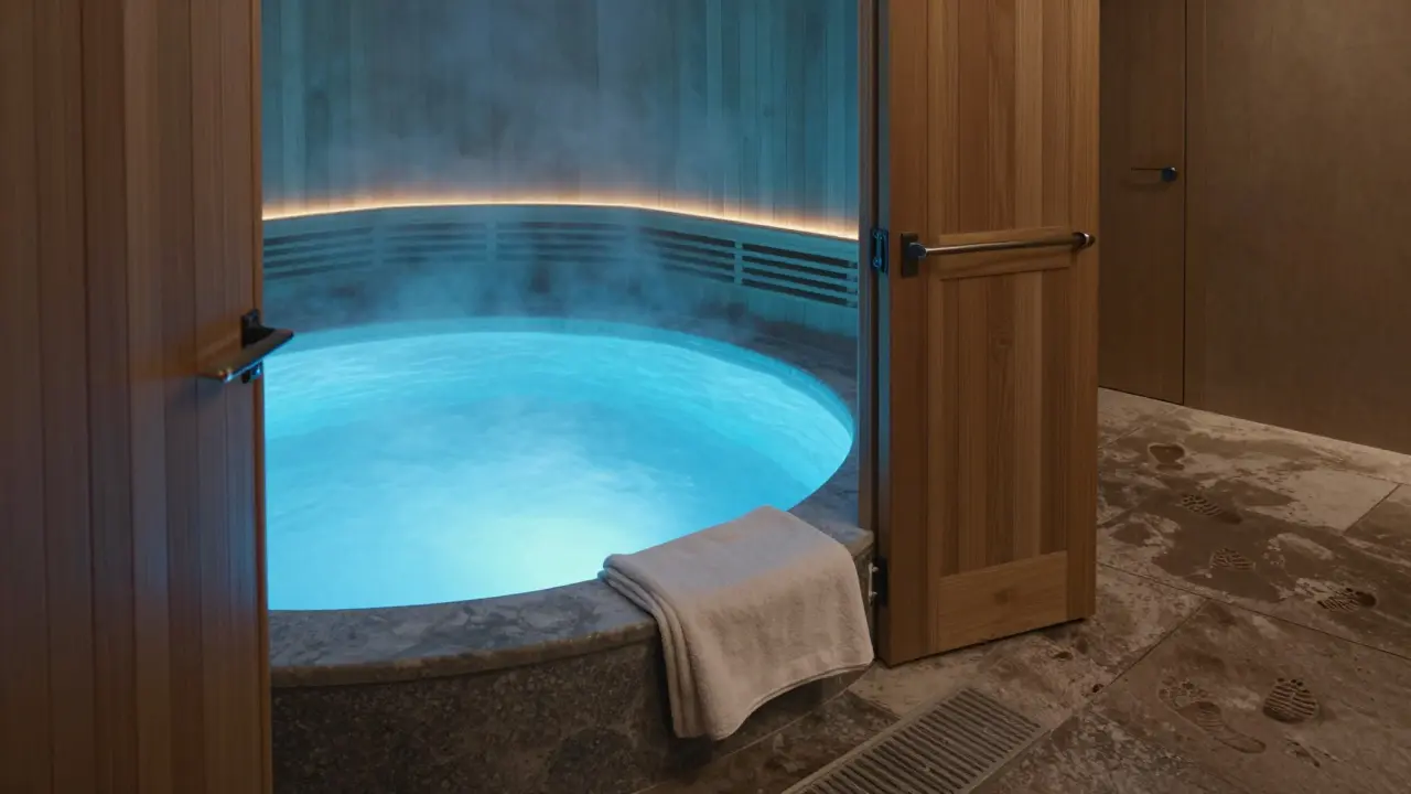 Steam rising from a cold plunge pool next to a sauna entrance, highlighting the contrast in temperature and recovery.